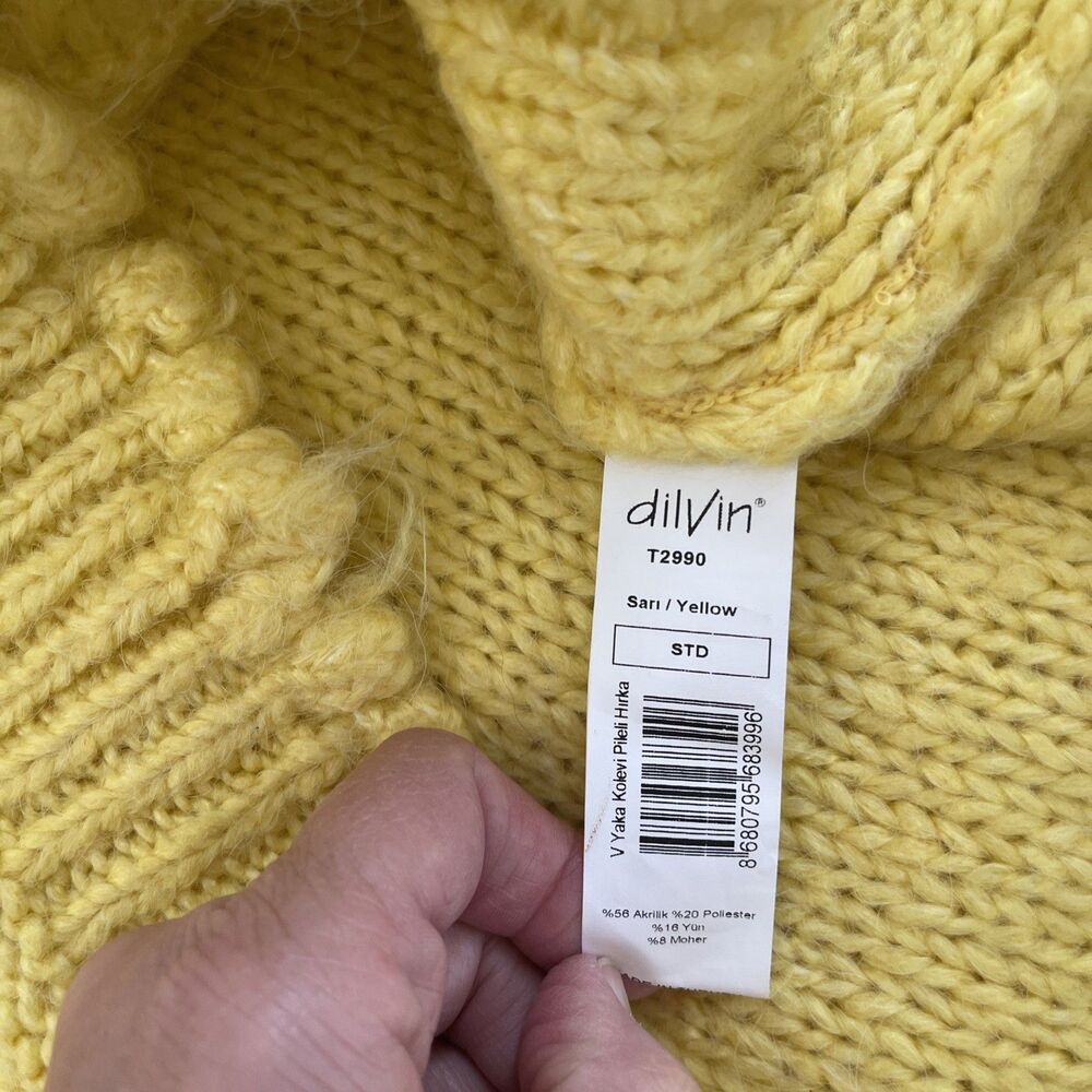 Dilvin Knit Bobble Yellow Cable Knit Jewel Buttons Scalloped Hem Cardigan M - Picture 13 of 15